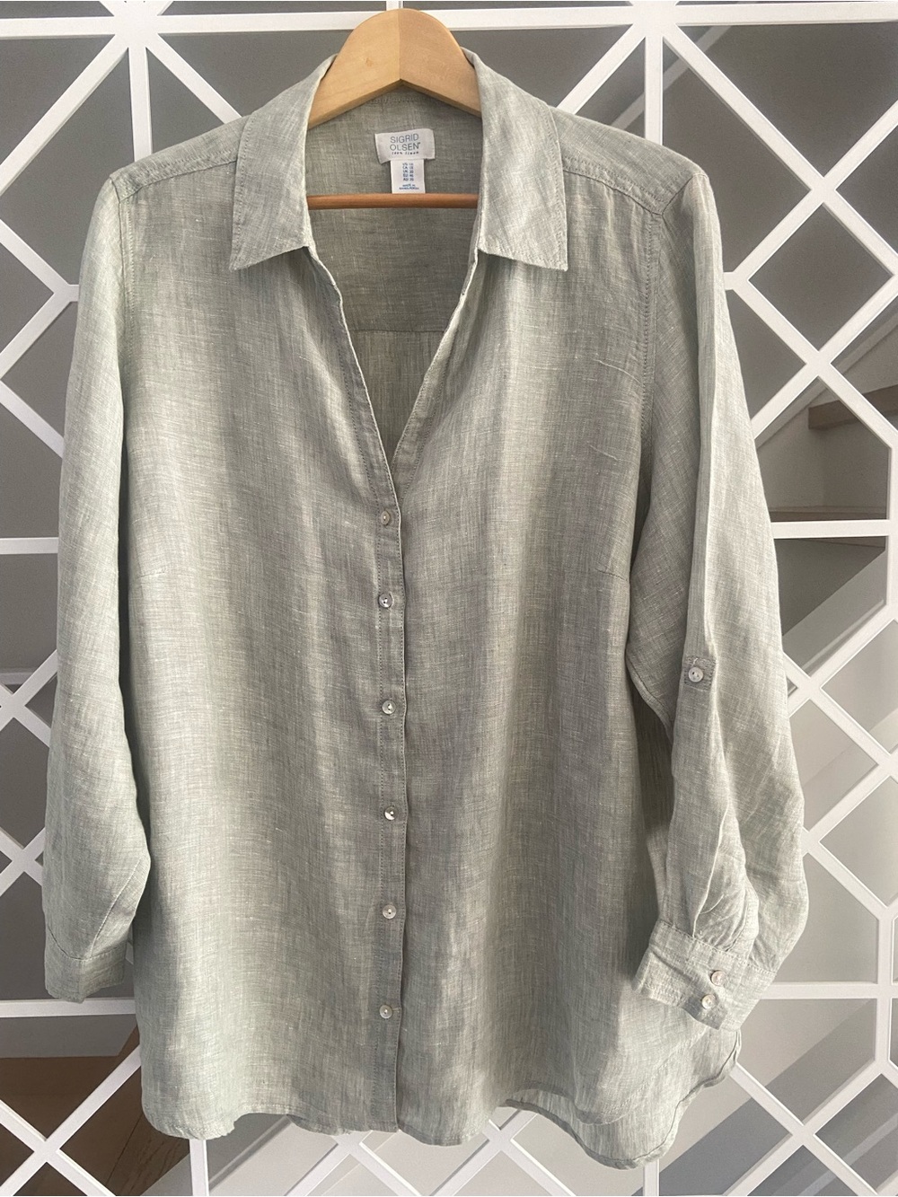 SIGRID OLSEN 100% Linen Shirt 1X Sage Green Button Roll Tab Sleeve Blouse - Picture 2 of 7